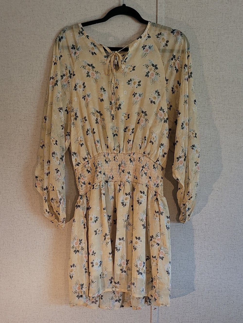Easel Light Yellow Floral Smocked-Waist Dress